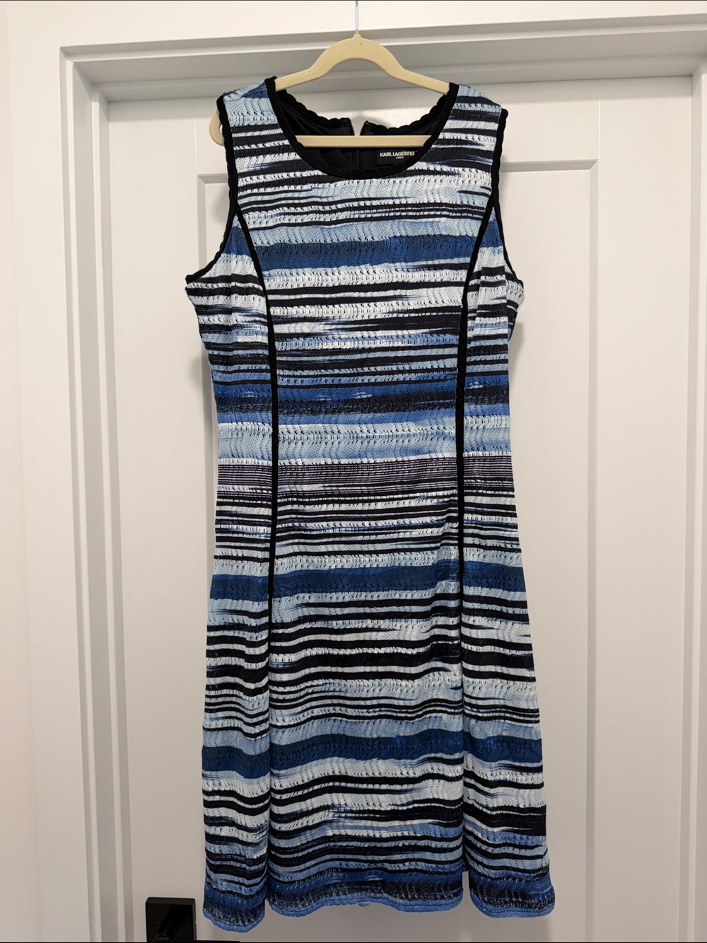 Karl Lagerfeld Blue, Black & White Striped Knit Midi Dress